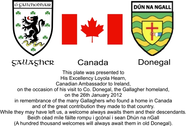 Inscription on the box containing the Gallagher Clan presentation plate